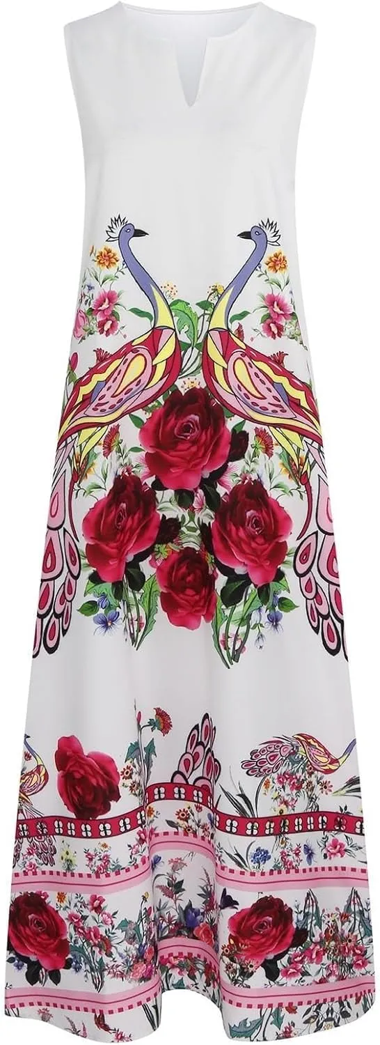 Women Floral Print Maxi Dresses Sleeveless V Neck Dress Casual Flowy Beach Long Sundress 2025 Summer Vacation Outfits