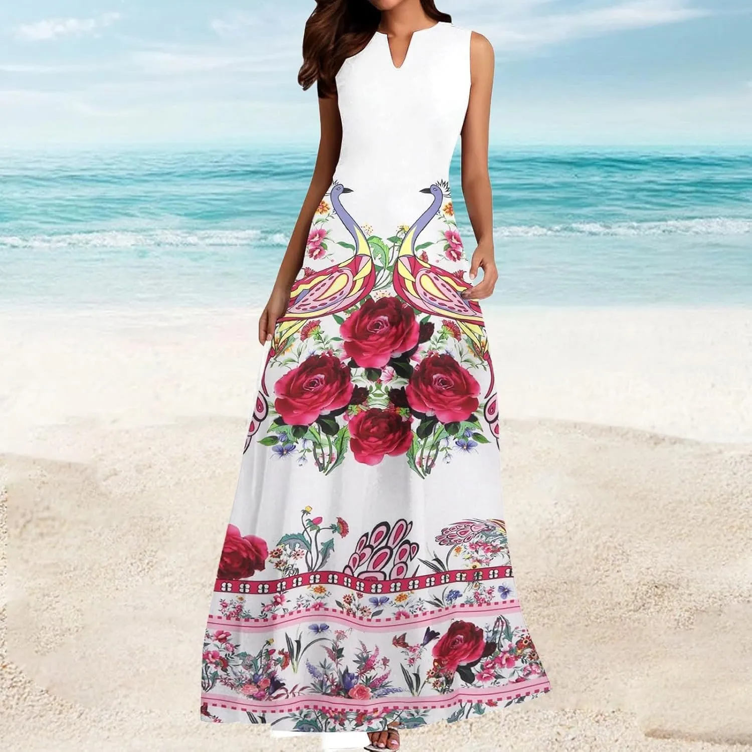 Women Floral Print Maxi Dresses Sleeveless V Neck Dress Casual Flowy Beach Long Sundress 2025 Summer Vacation Outfits