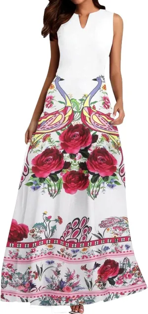 Women Floral Print Maxi Dresses Sleeveless V Neck Dress Casual Flowy Beach Long Sundress 2025 Summer Vacation Outfits
