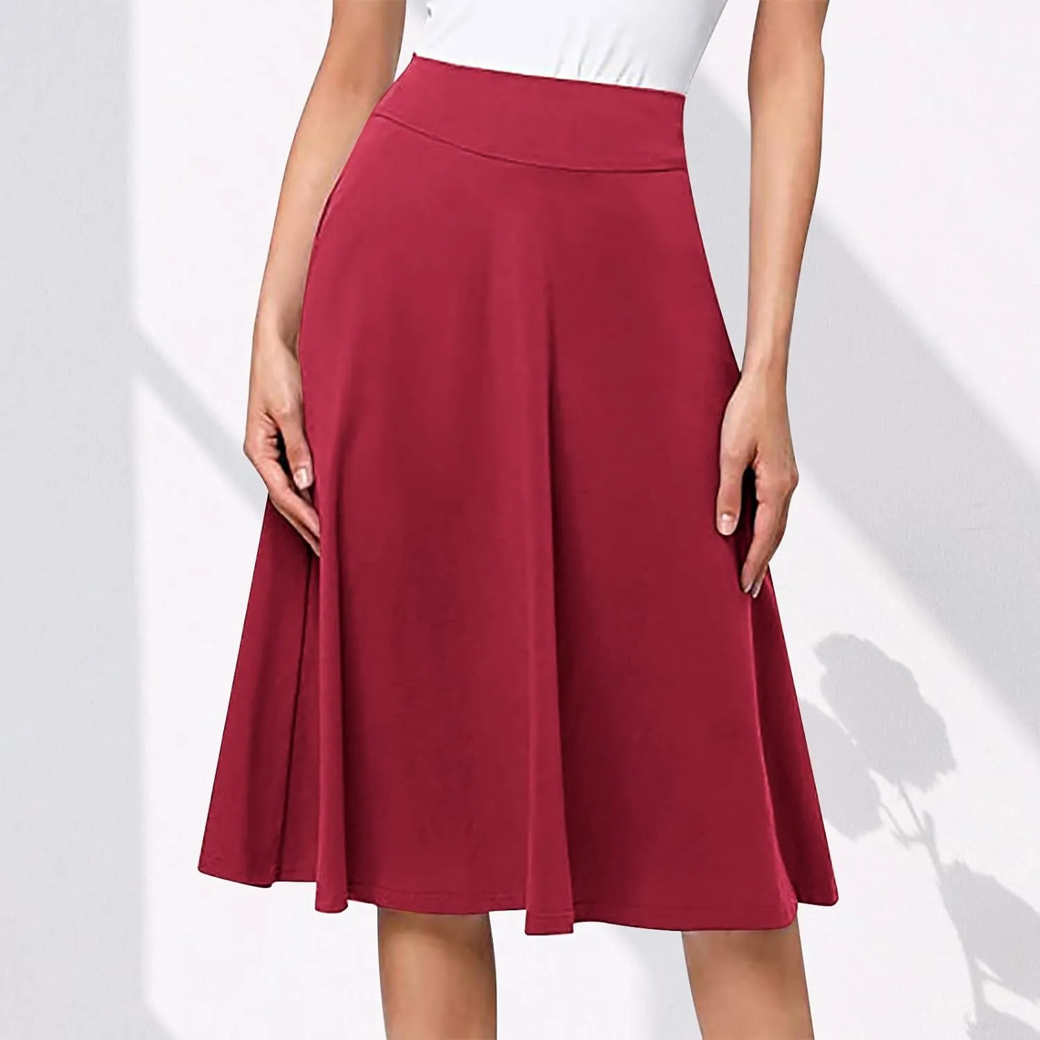 Women High Waist A-Line Skirts Summer Casual Knee Length Flowy Flared Skirts Elegant Comfy Solid Versatile Skirt