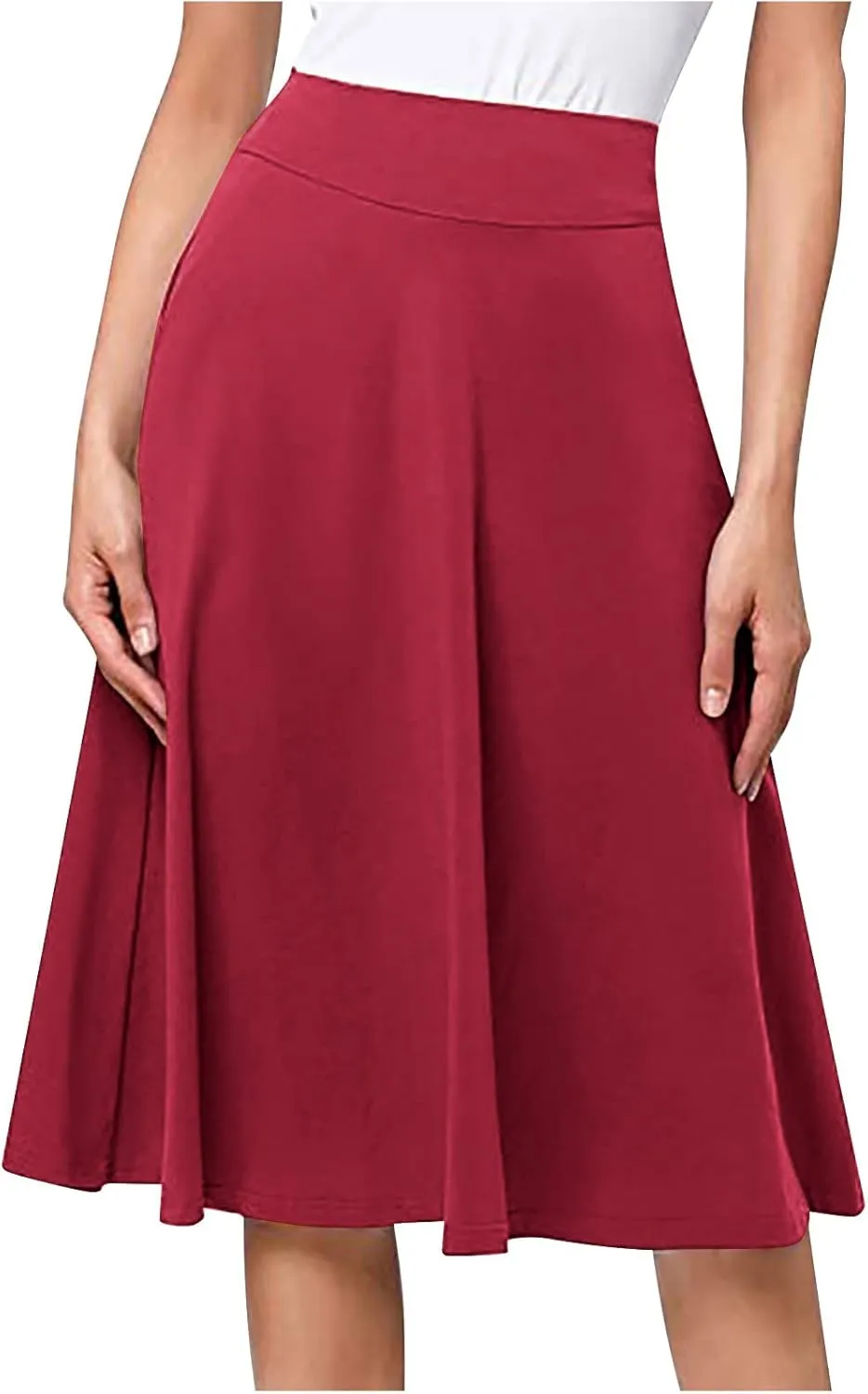 Women High Waist A-Line Skirts Summer Casual Knee Length Flowy Flared Skirts Elegant Comfy Solid Versatile Skirt