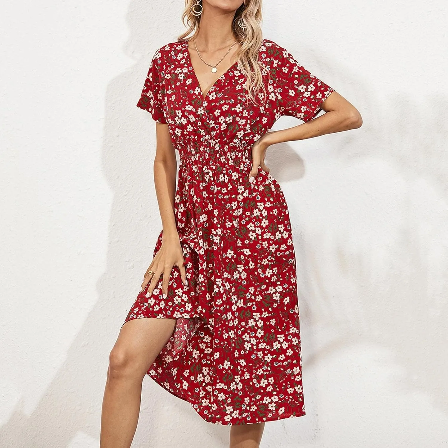 Women's 2025 Summer Boho Floral Print V Neck Ruffle Swing Beach Long Maxi Dress Beach Flowy Sundress