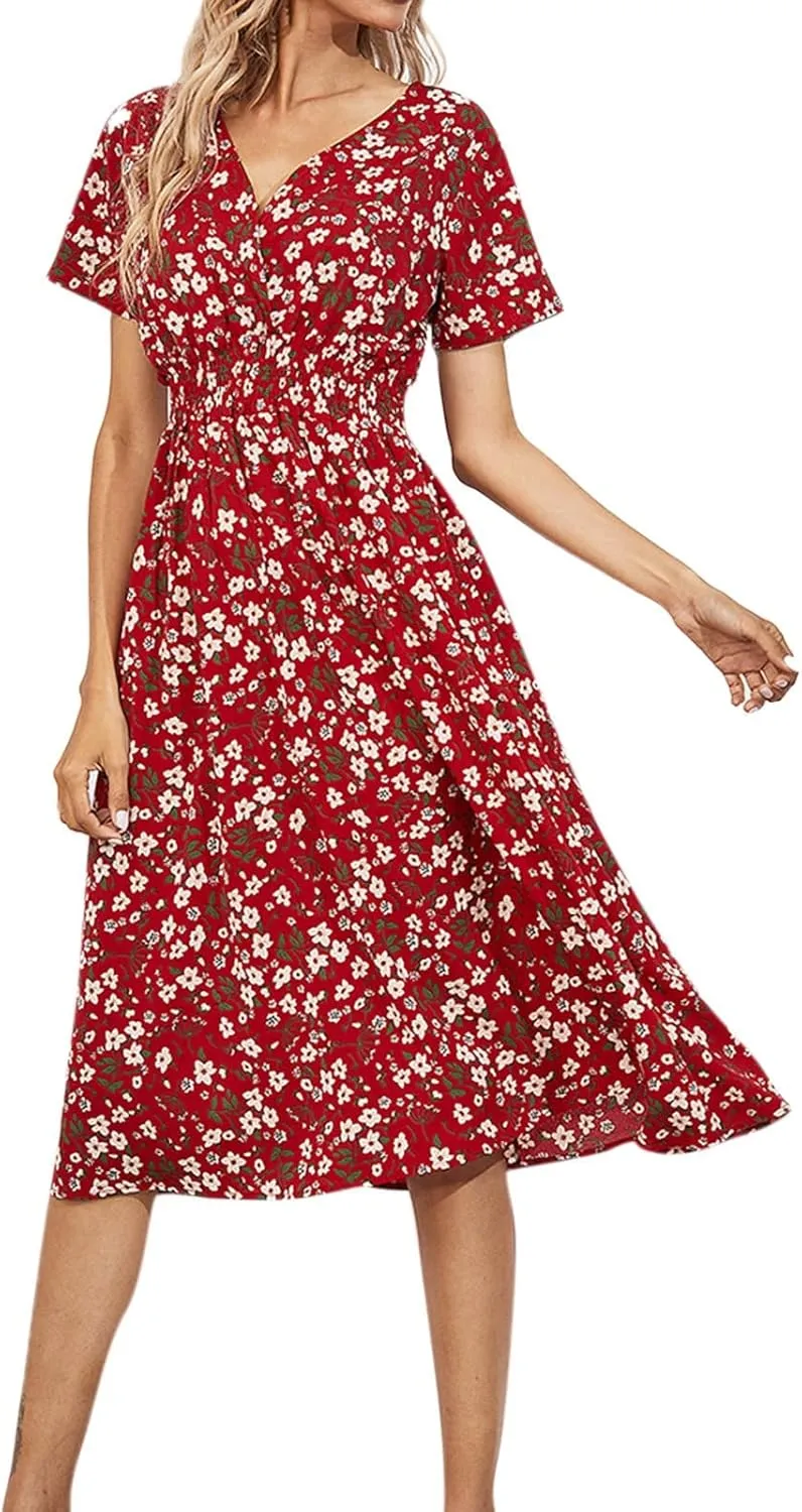 Women's 2025 Summer Boho Floral Print V Neck Ruffle Swing Beach Long Maxi Dress Beach Flowy Sundress