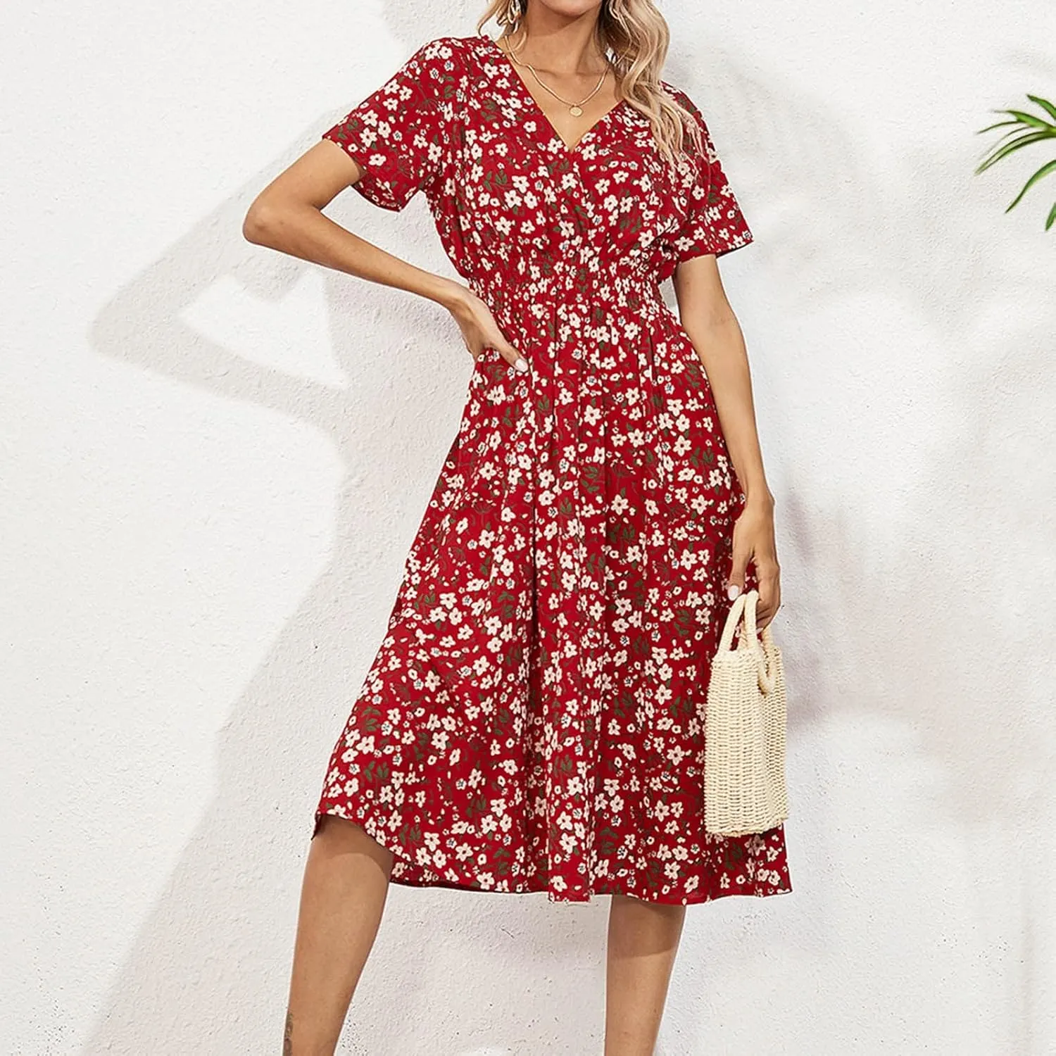 Women's 2025 Summer Boho Floral Print V Neck Ruffle Swing Beach Long Maxi Dress Beach Flowy Sundress