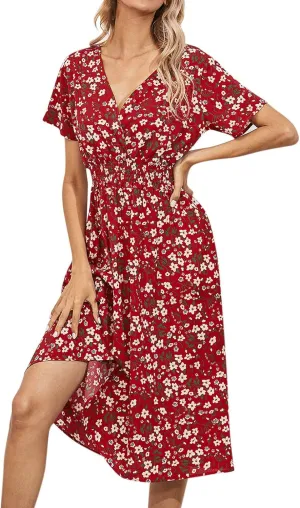 Women's 2025 Summer Boho Floral Print V Neck Ruffle Swing Beach Long Maxi Dress Beach Flowy Sundress