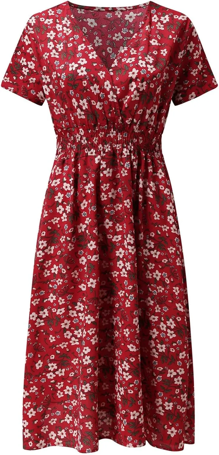 Women's 2025 Summer Boho Floral Print V Neck Ruffle Swing Beach Long Maxi Dress Beach Flowy Sundress