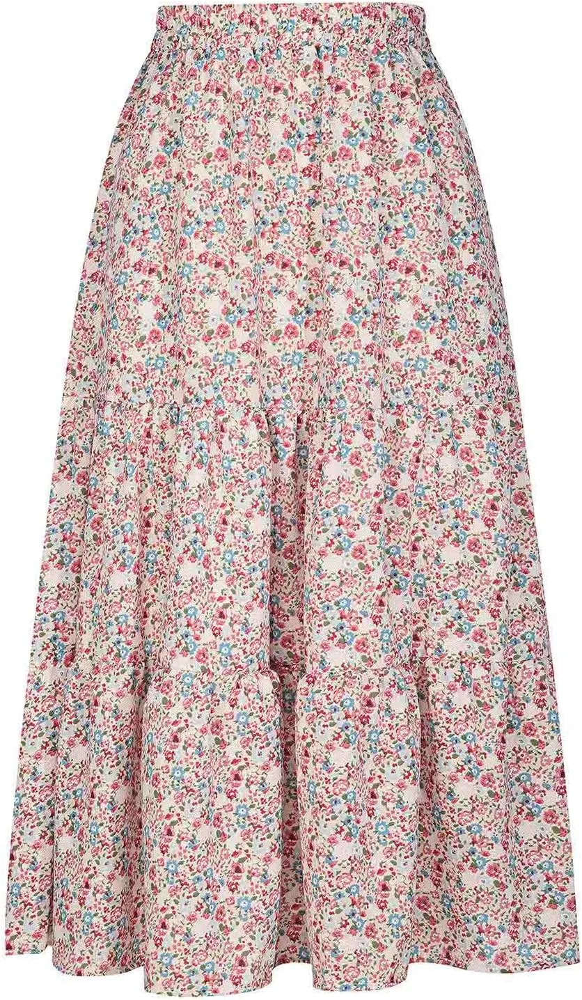 Women's Boho Floral Print Maxi Skirt Flowy Summer Casual A-Line Skirts Elastic High Waist Pleated Long Skirt Pockets