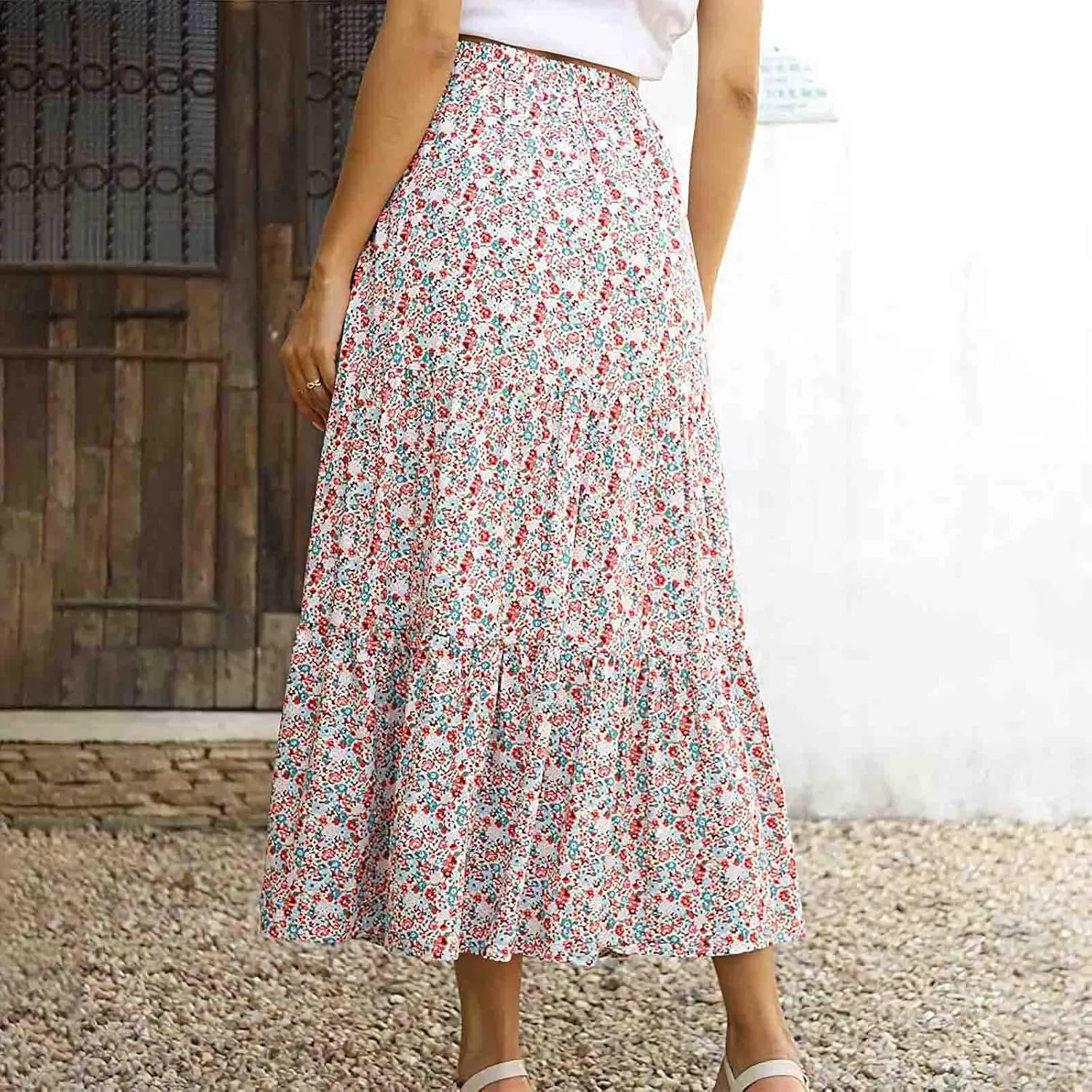 Women's Boho Floral Print Maxi Skirt Flowy Summer Casual A-Line Skirts Elastic High Waist Pleated Long Skirt Pockets