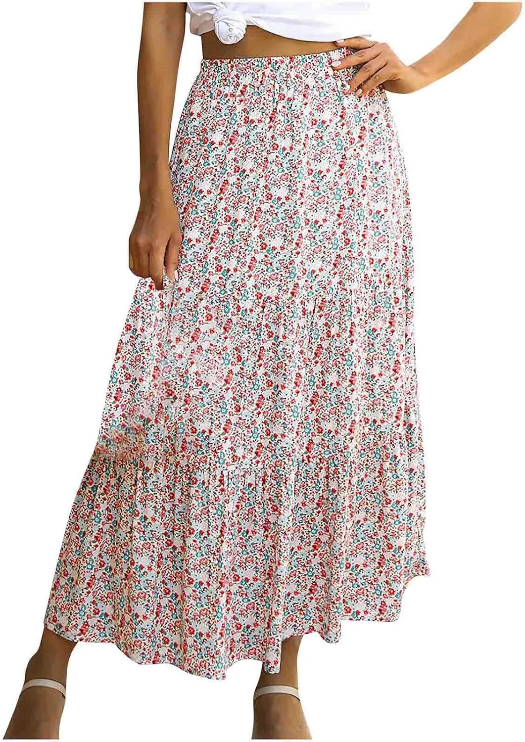 Women's Boho Floral Print Maxi Skirt Flowy Summer Casual A-Line Skirts Elastic High Waist Pleated Long Skirt Pockets