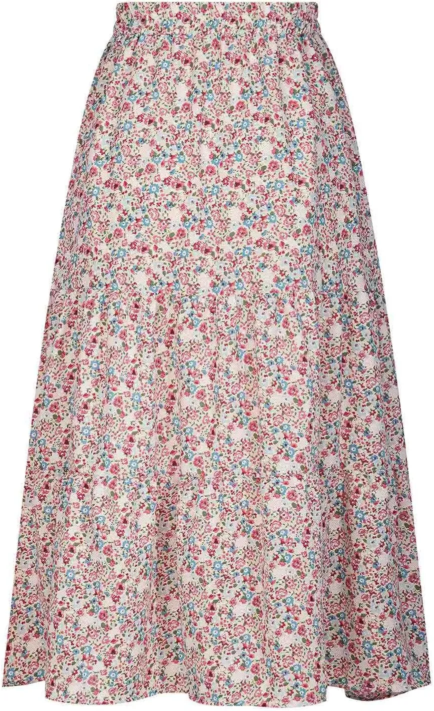Women's Boho Floral Print Maxi Skirt Flowy Summer Casual A-Line Skirts Elastic High Waist Pleated Long Skirt Pockets