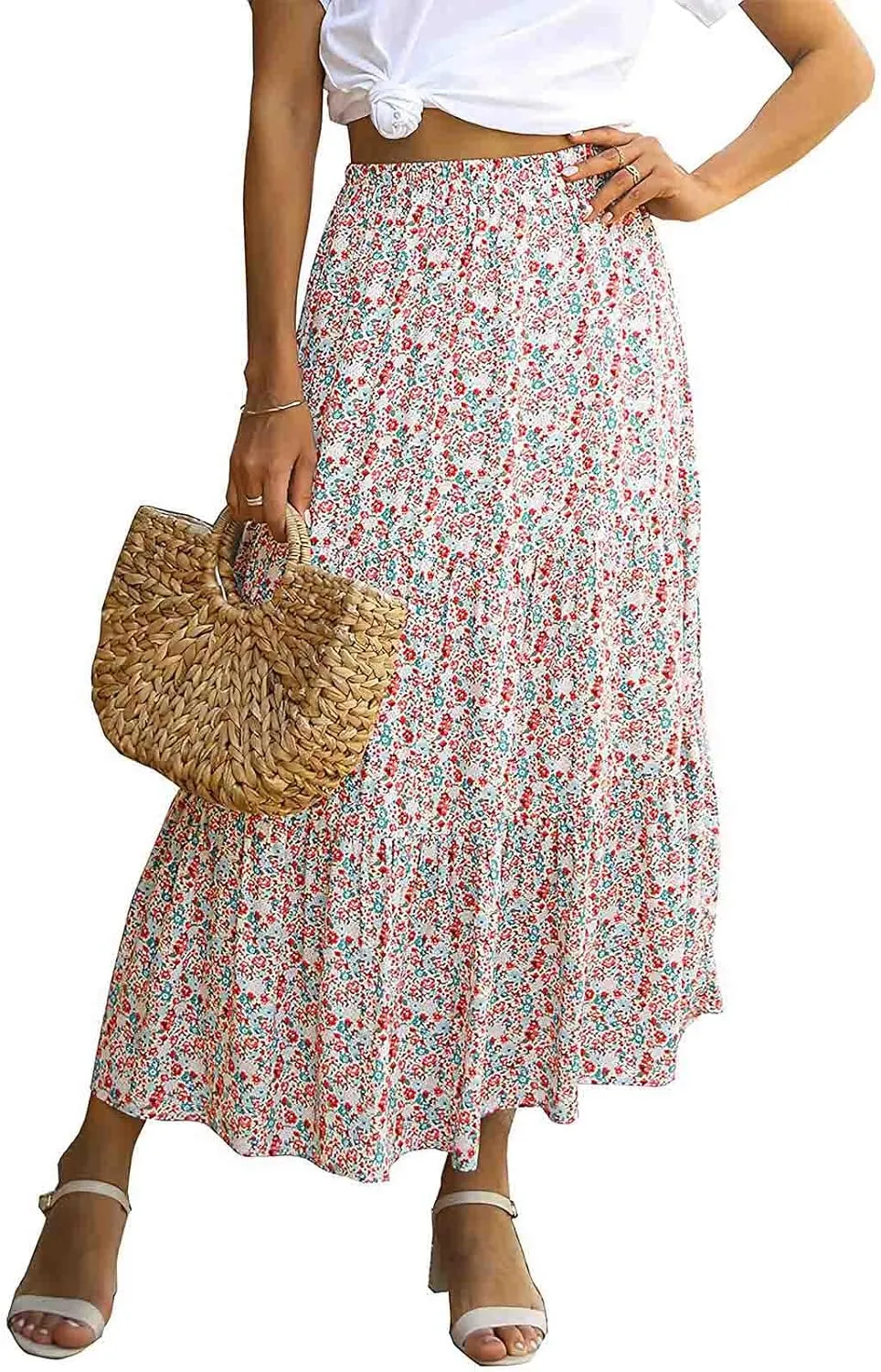 Women's Boho Floral Print Maxi Skirt Flowy Summer Casual A-Line Skirts Elastic High Waist Pleated Long Skirt Pockets