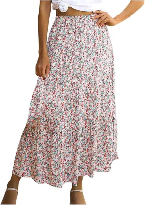 Women's Boho Floral Print Maxi Skirt Flowy Summer Casual A-Line Skirts Elastic High Waist Pleated Long Skirt Pockets