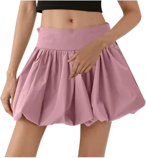 Womens Bubble Mini Skirt Y2k Solid Color Ruffle Hem Pleated Short Puffball Balloon Short Skirts Party Clubwear