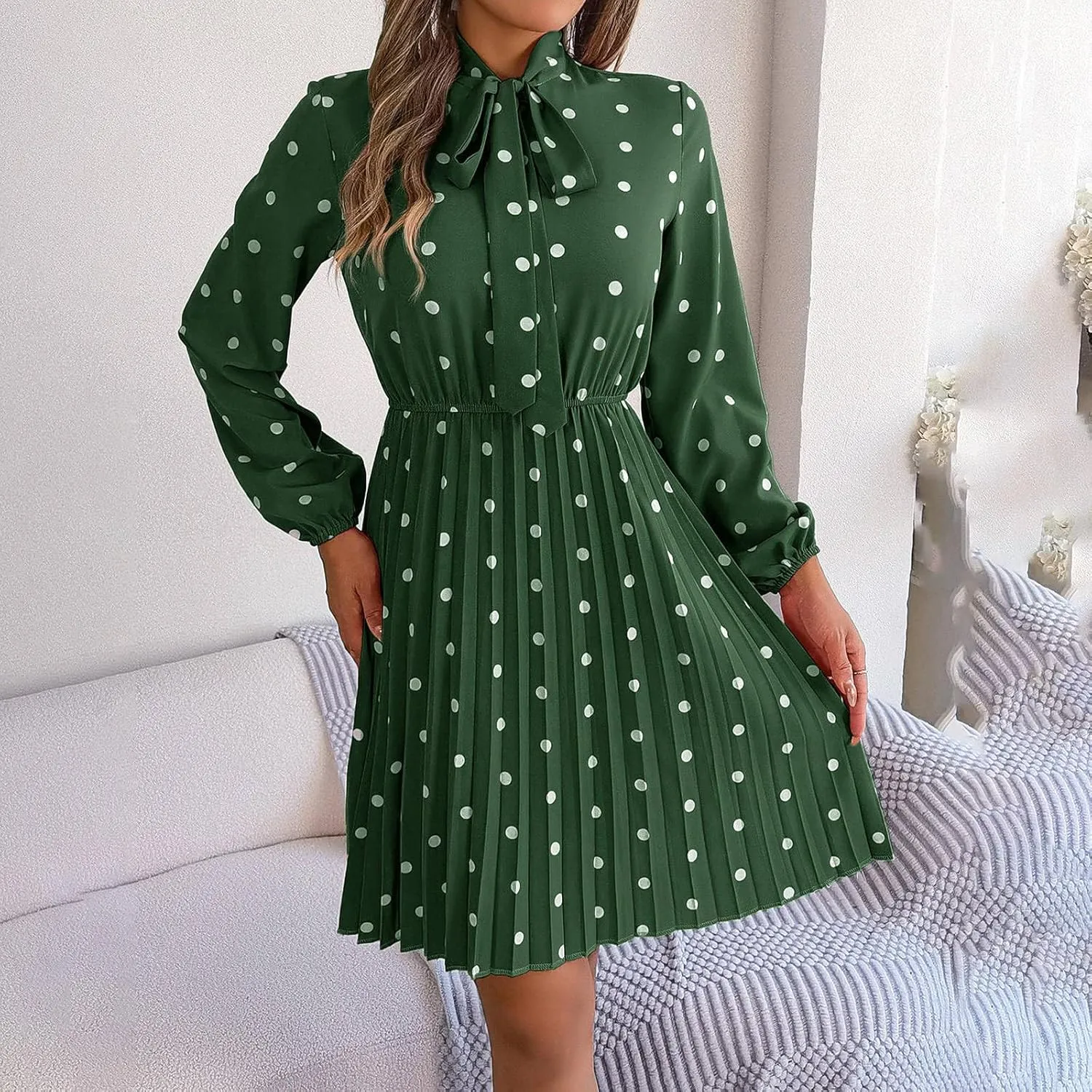 Womens Fall Dresses 2024 Plus Size Elegant Swiss Dot Long Sleeve Dress Flowy Swing Hem Elastic Waist Midi Dress