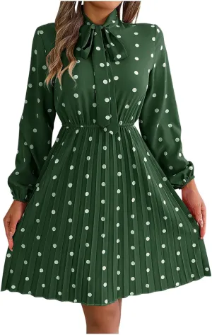 Womens Fall Dresses 2024 Plus Size Elegant Swiss Dot Long Sleeve Dress Flowy Swing Hem Elastic Waist Midi Dress