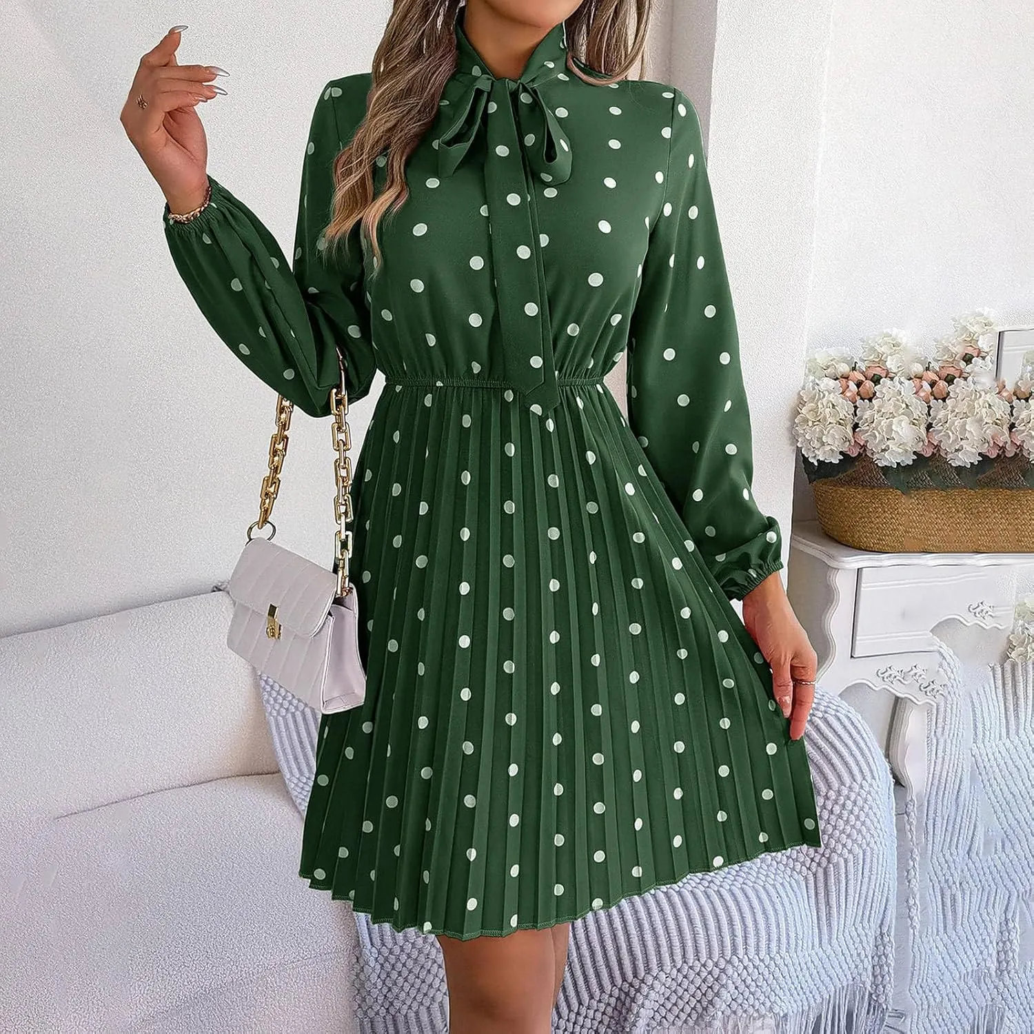 Womens Fall Dresses 2024 Plus Size Elegant Swiss Dot Long Sleeve Dress Flowy Swing Hem Elastic Waist Midi Dress