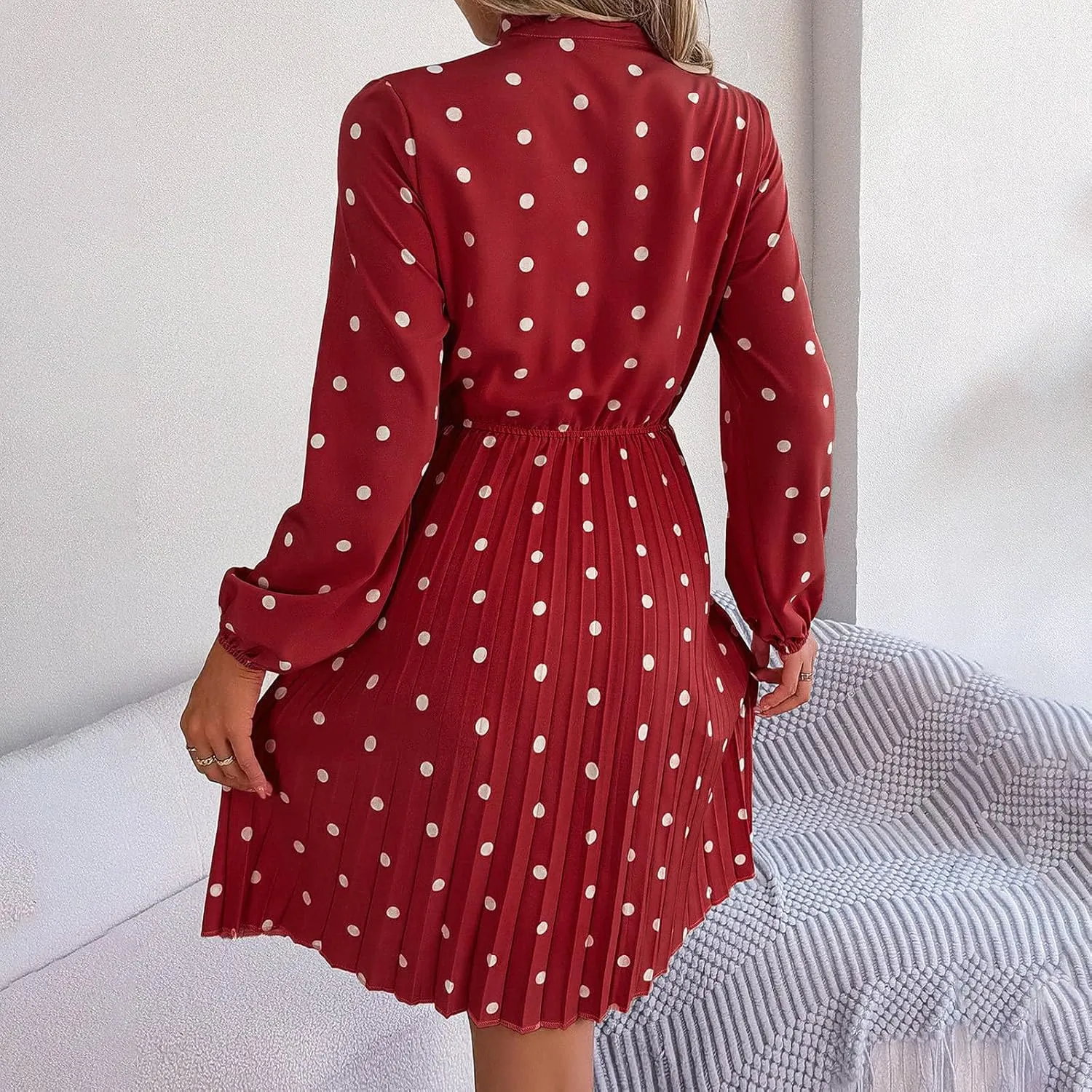 Womens Fall Dresses 2024 Plus Size Elegant Swiss Dot Long Sleeve Dress Flowy Swing Hem Elastic Waist Midi Dress