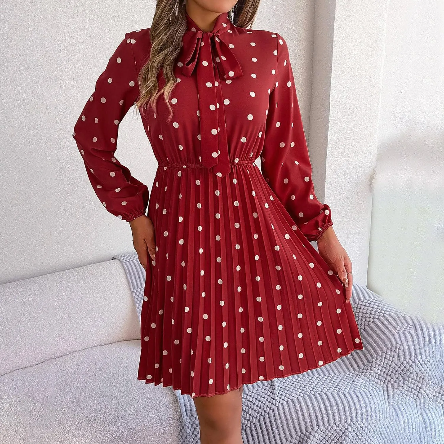Womens Fall Dresses 2024 Plus Size Elegant Swiss Dot Long Sleeve Dress Flowy Swing Hem Elastic Waist Midi Dress