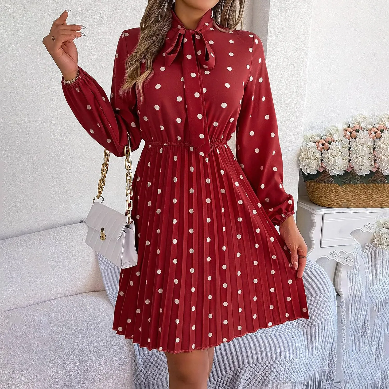 Womens Fall Dresses 2024 Plus Size Elegant Swiss Dot Long Sleeve Dress Flowy Swing Hem Elastic Waist Midi Dress
