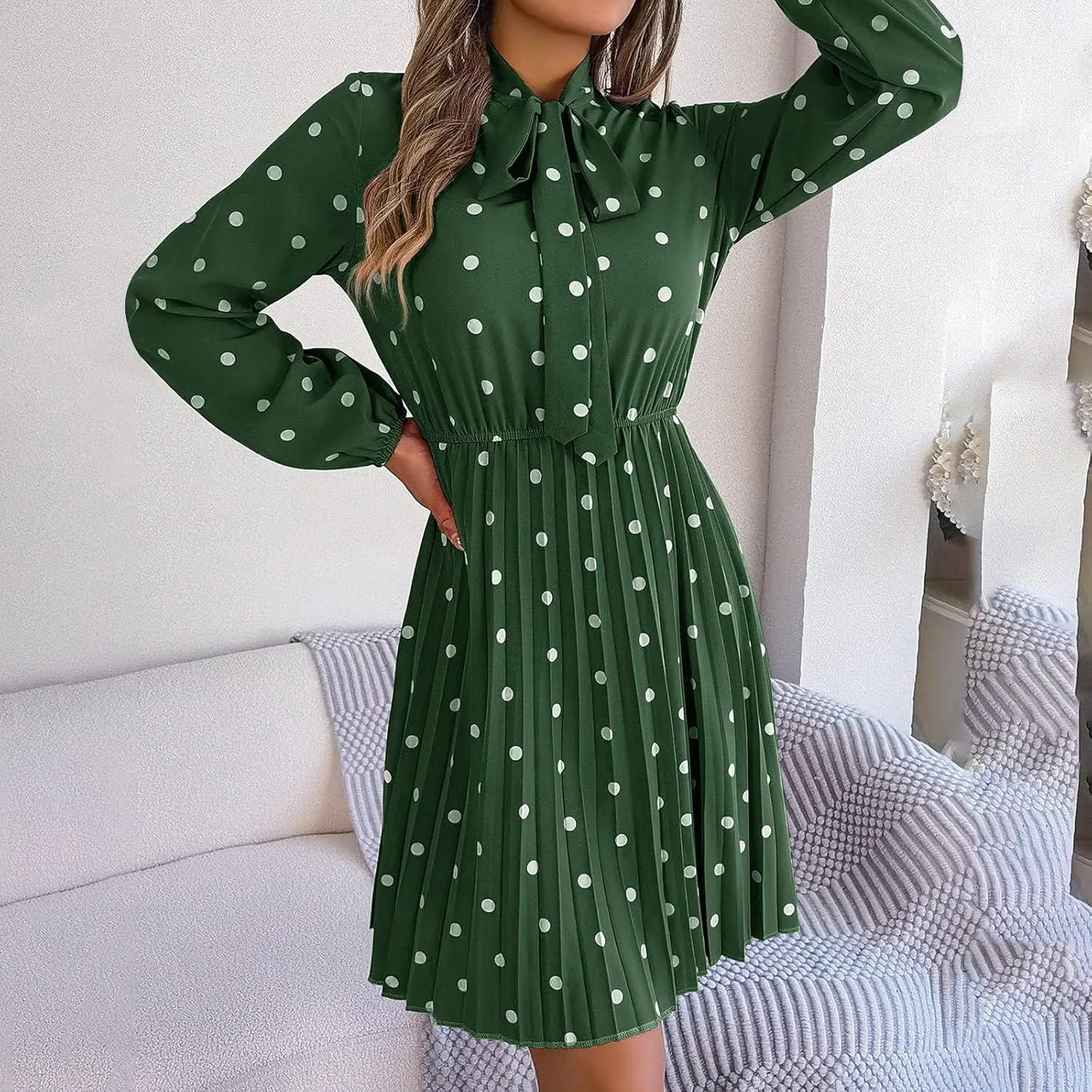 Womens Fall Dresses 2024 Plus Size Elegant Swiss Dot Long Sleeve Dress Flowy Swing Hem Elastic Waist Midi Dress