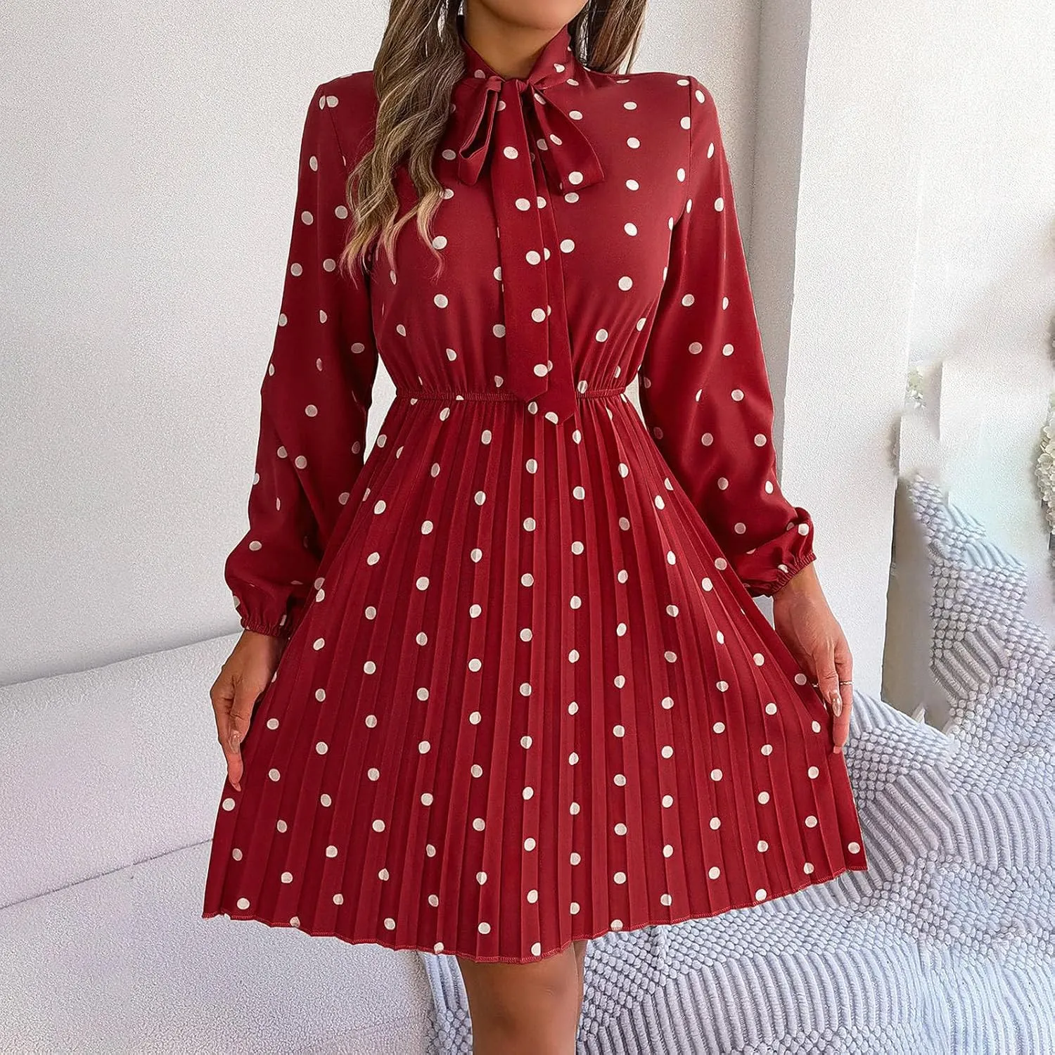 Womens Fall Dresses 2024 Plus Size Elegant Swiss Dot Long Sleeve Dress Flowy Swing Hem Elastic Waist Midi Dress