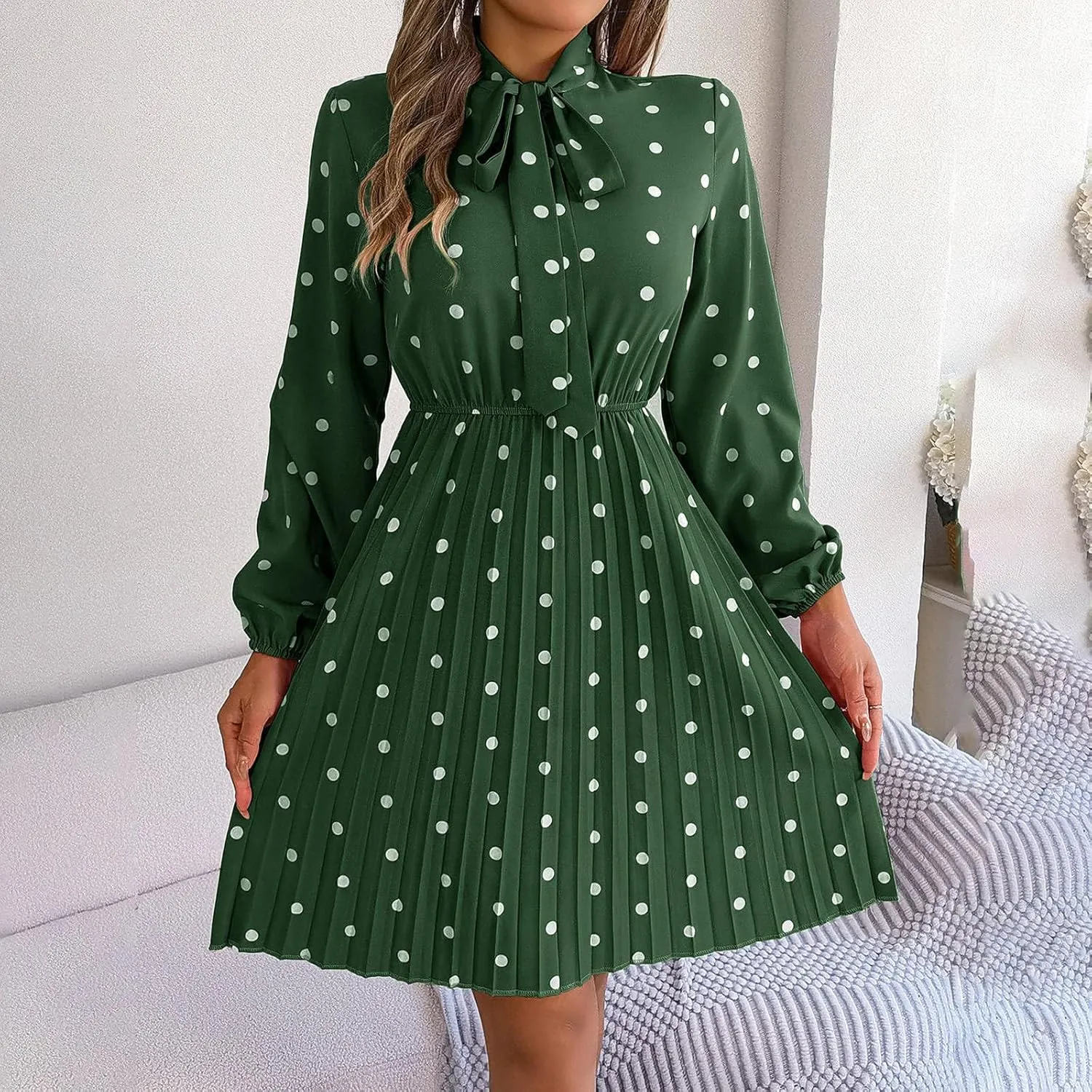 Womens Fall Dresses 2024 Plus Size Elegant Swiss Dot Long Sleeve Dress Flowy Swing Hem Elastic Waist Midi Dress