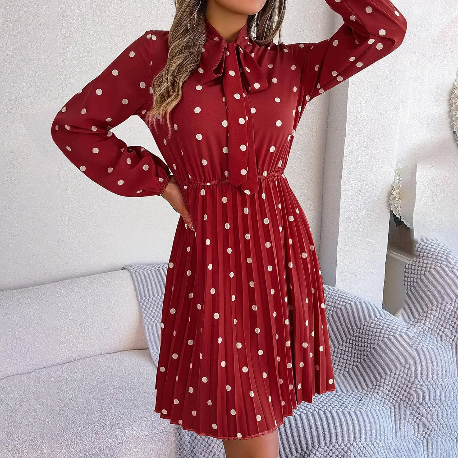 Womens Fall Dresses 2024 Plus Size Elegant Swiss Dot Long Sleeve Dress Flowy Swing Hem Elastic Waist Midi Dress