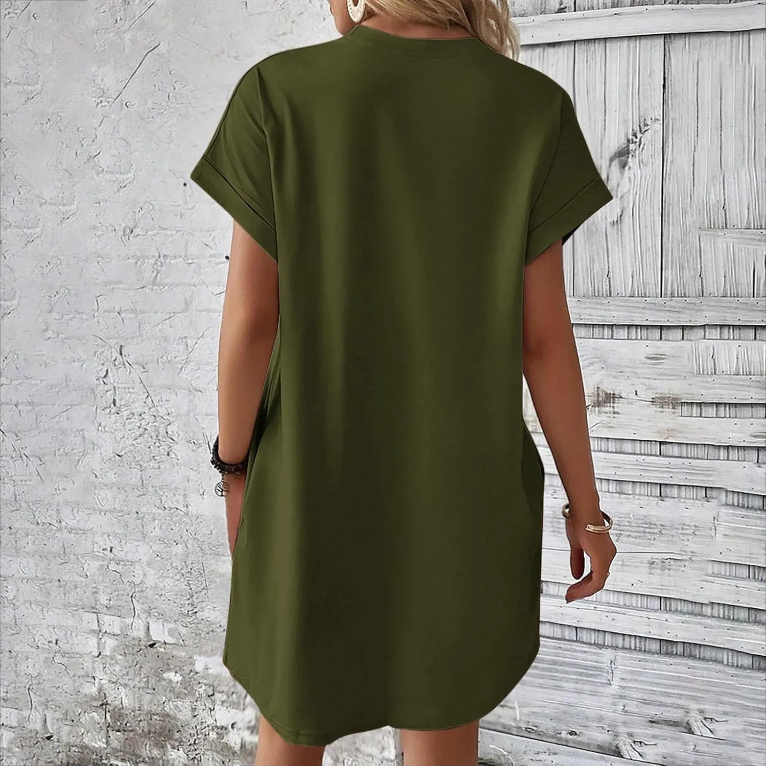 Womens Summer Dresses 2025 Trendy Short Sleeve Crew Neck Mini Dress Casual Loose Fit Knee Length Dress with Pockets