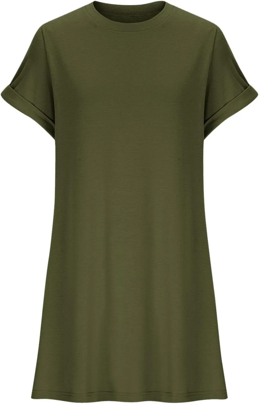Womens Summer Dresses 2025 Trendy Short Sleeve Crew Neck Mini Dress Casual Loose Fit Knee Length Dress with Pockets