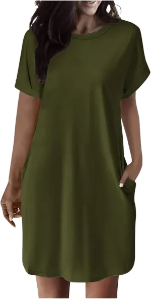 Womens Summer Dresses 2025 Trendy Short Sleeve Crew Neck Mini Dress Casual Loose Fit Knee Length Dress with Pockets