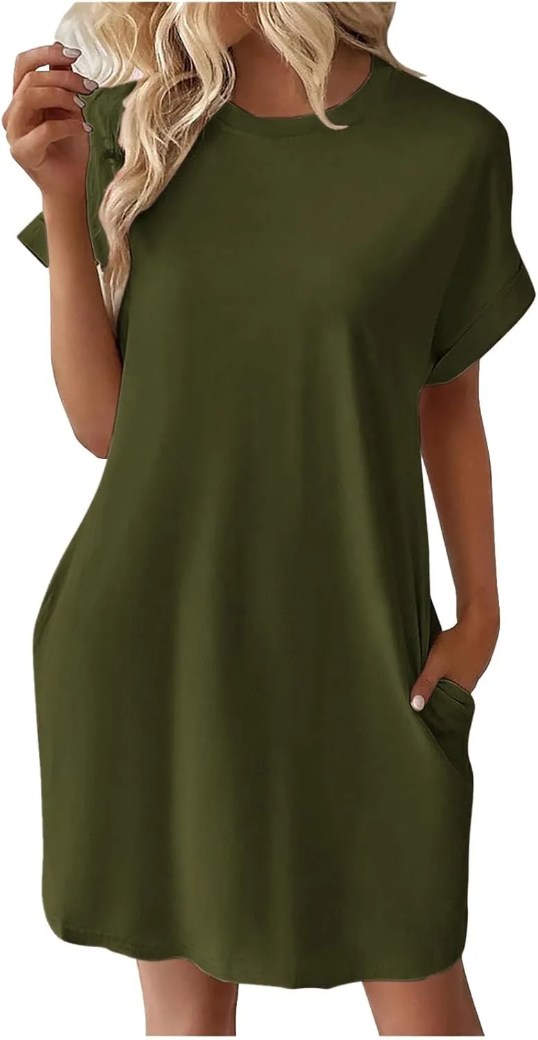 Womens Summer Dresses 2025 Trendy Short Sleeve Crew Neck Mini Dress Casual Loose Fit Knee Length Dress with Pockets