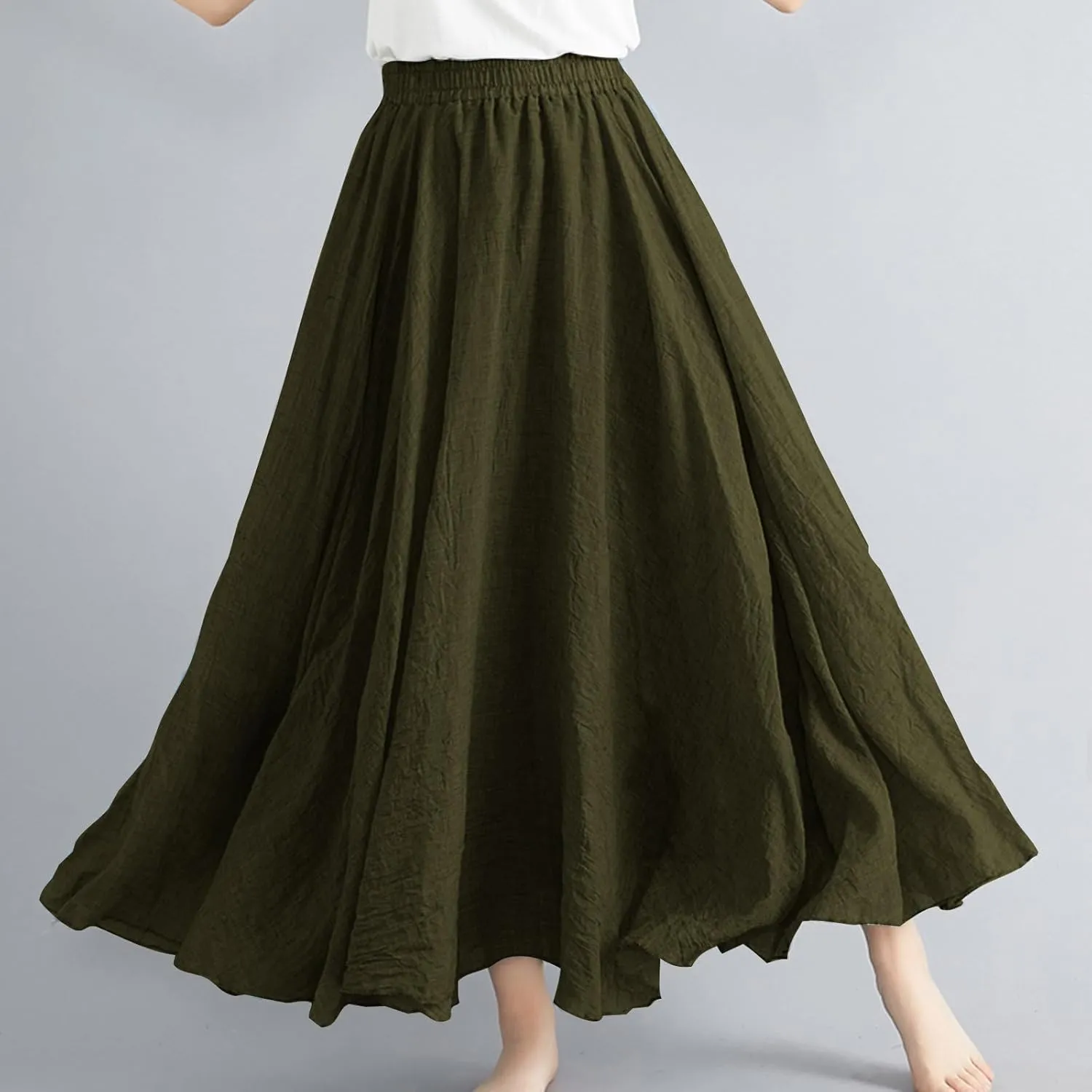 Womens Summer Flowy Swing Tiered A-Line Midi Skirt Fashion Trendy Casual Elastic Waist Pleated Long Beach Skirts