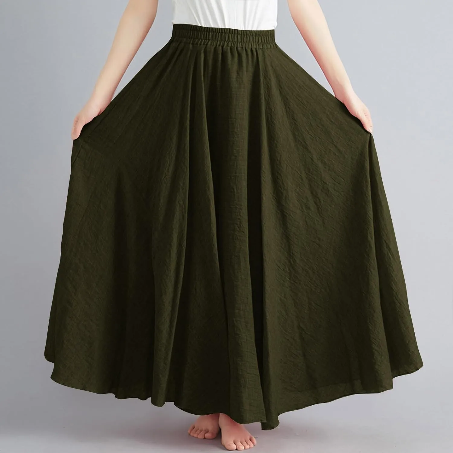 Womens Summer Flowy Swing Tiered A-Line Midi Skirt Fashion Trendy Casual Elastic Waist Pleated Long Beach Skirts