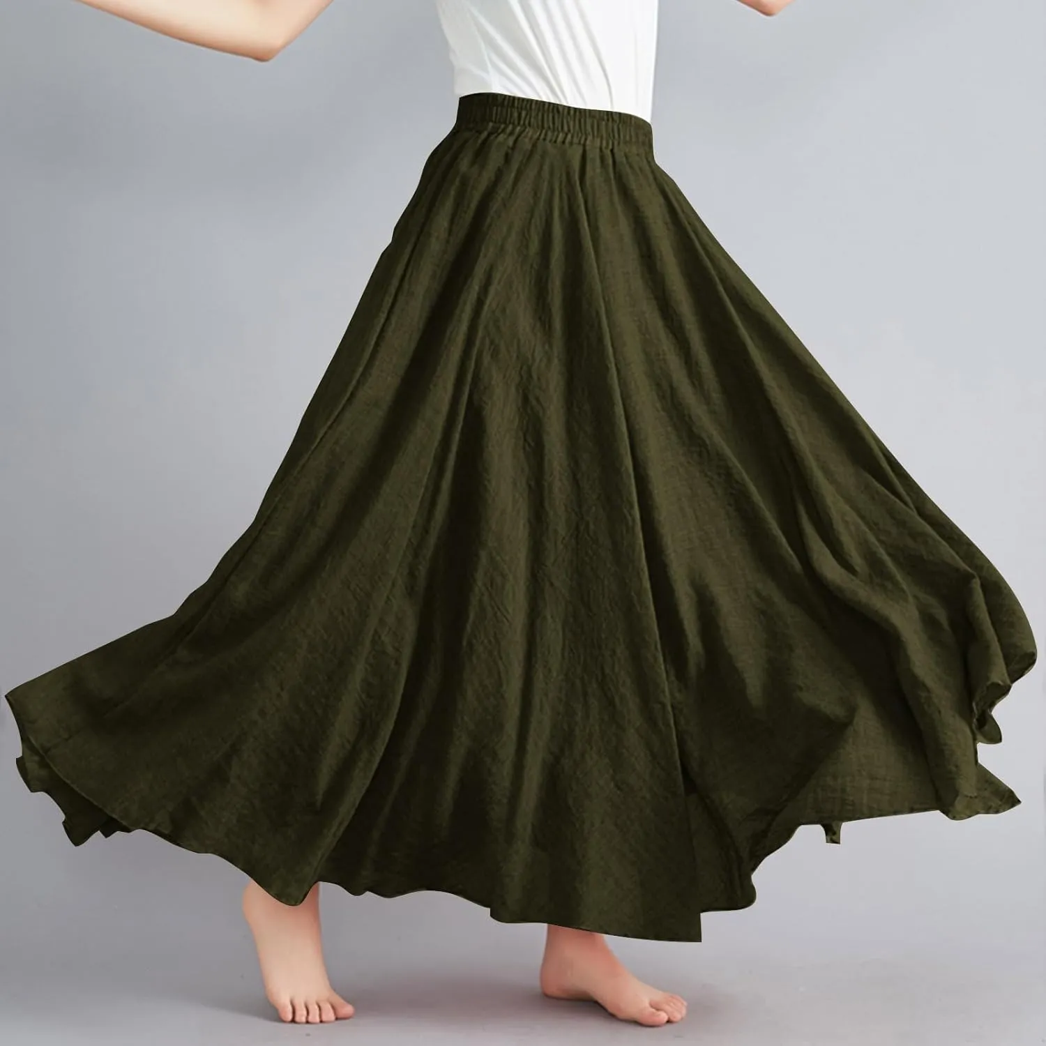 Womens Summer Flowy Swing Tiered A-Line Midi Skirt Fashion Trendy Casual Elastic Waist Pleated Long Beach Skirts