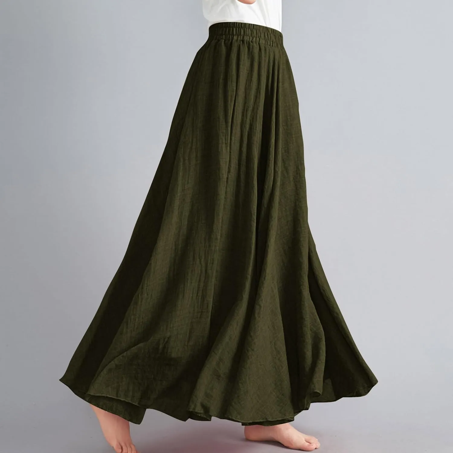 Womens Summer Flowy Swing Tiered A-Line Midi Skirt Fashion Trendy Casual Elastic Waist Pleated Long Beach Skirts