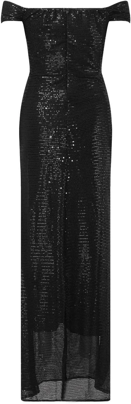 Women's Summer Formal Wedding Guest Dress Off Shoulder High Slit Maxi Bodycorn Dress Ruffle Hem Long Dress