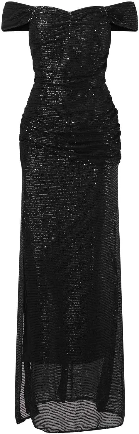 Women's Summer Formal Wedding Guest Dress Off Shoulder High Slit Maxi Bodycorn Dress Ruffle Hem Long Dress