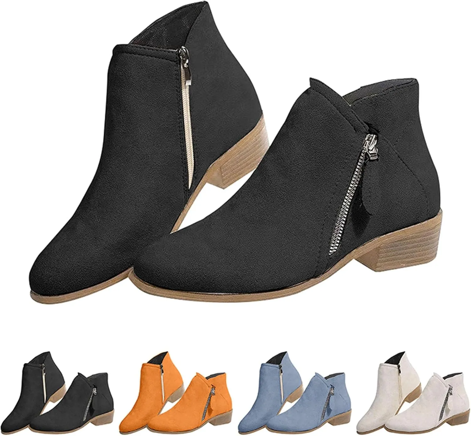 Womens Winter Boots Ankle Black Womens Booties Womens Western Booties Non Slip Work Shoes Women Fashion Closed Head Chunky Block Heel Side Zipper Pointd Toe